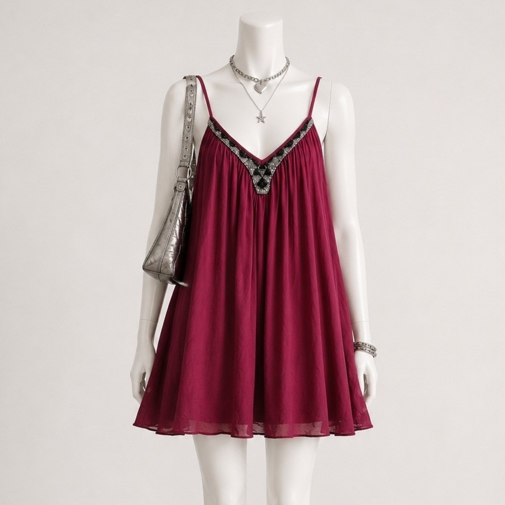 Express Womens Burgundy Beaded V-Neck Babydoll Mini Dress Wine Flowy Medium Y2K